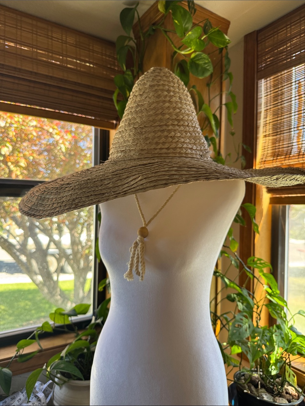 Wide Brim Straw Hat Drawstring Floppy Oversized Palm Leaf Spire Sun Protection